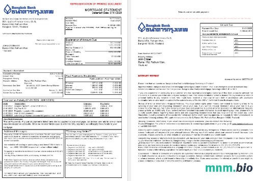 Tajlandia Bangkok Bank wyciąg z kredytu hipotecznego w formatach Word i PDF, 3 strony 1-2